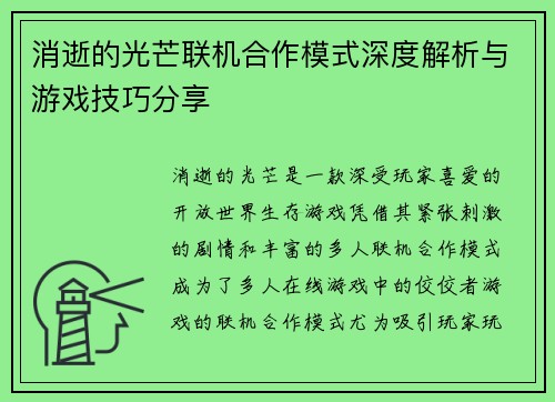 消逝的光芒联机合作模式深度解析与游戏技巧分享